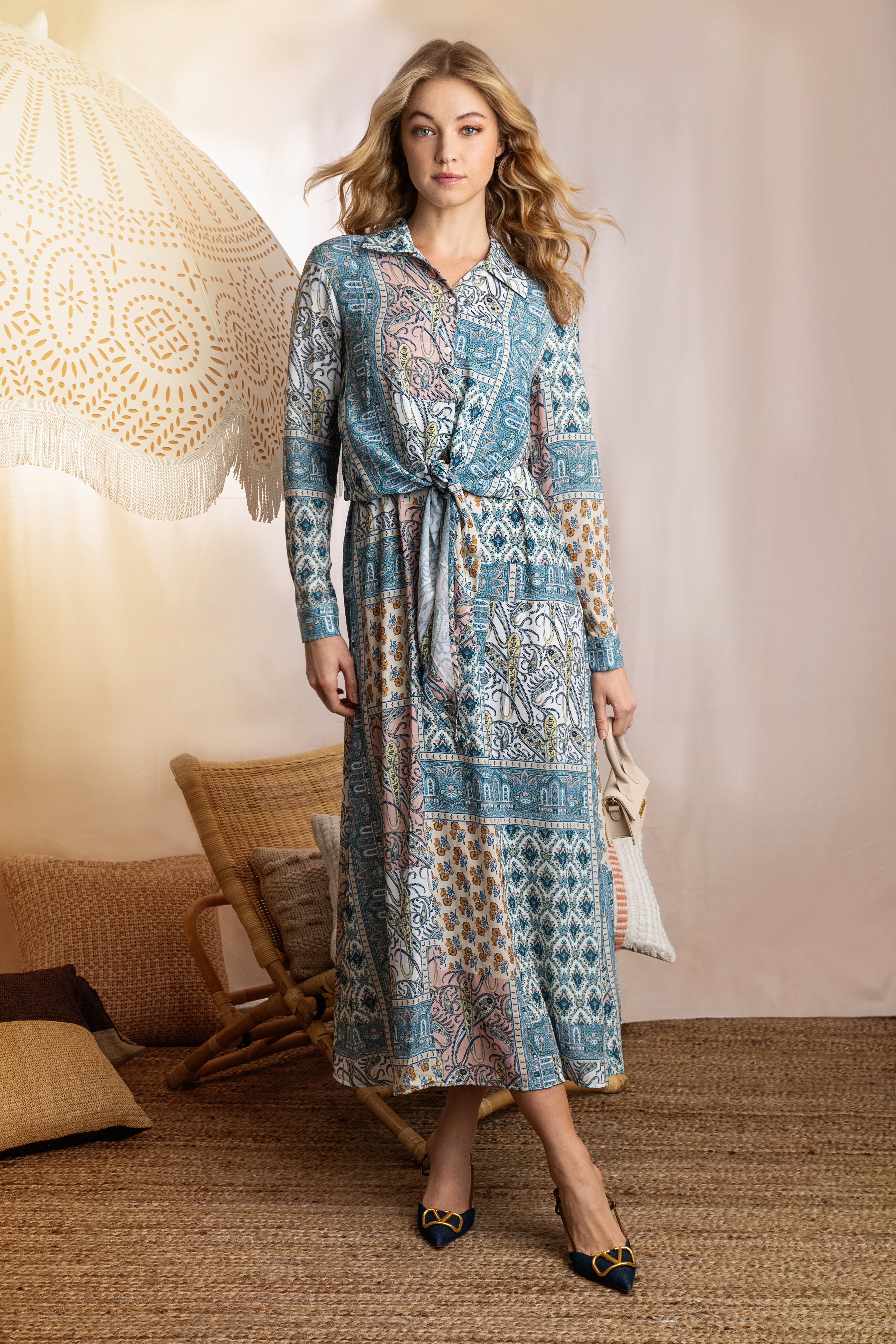 BLUE PATCHWORK PRINTED KNOT SHIRT BLOUSE