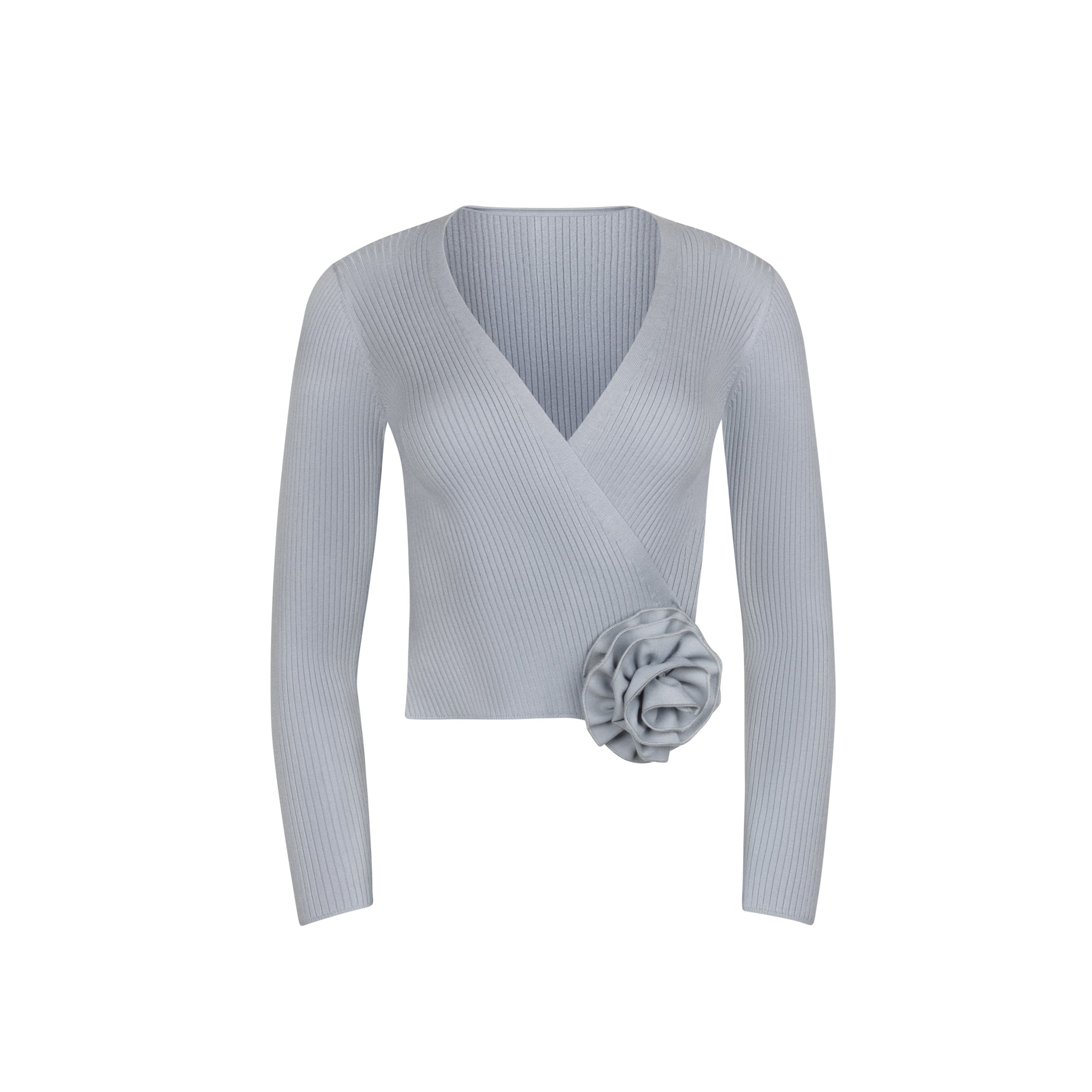 BLUE ROSETTE WRAP SWEATER