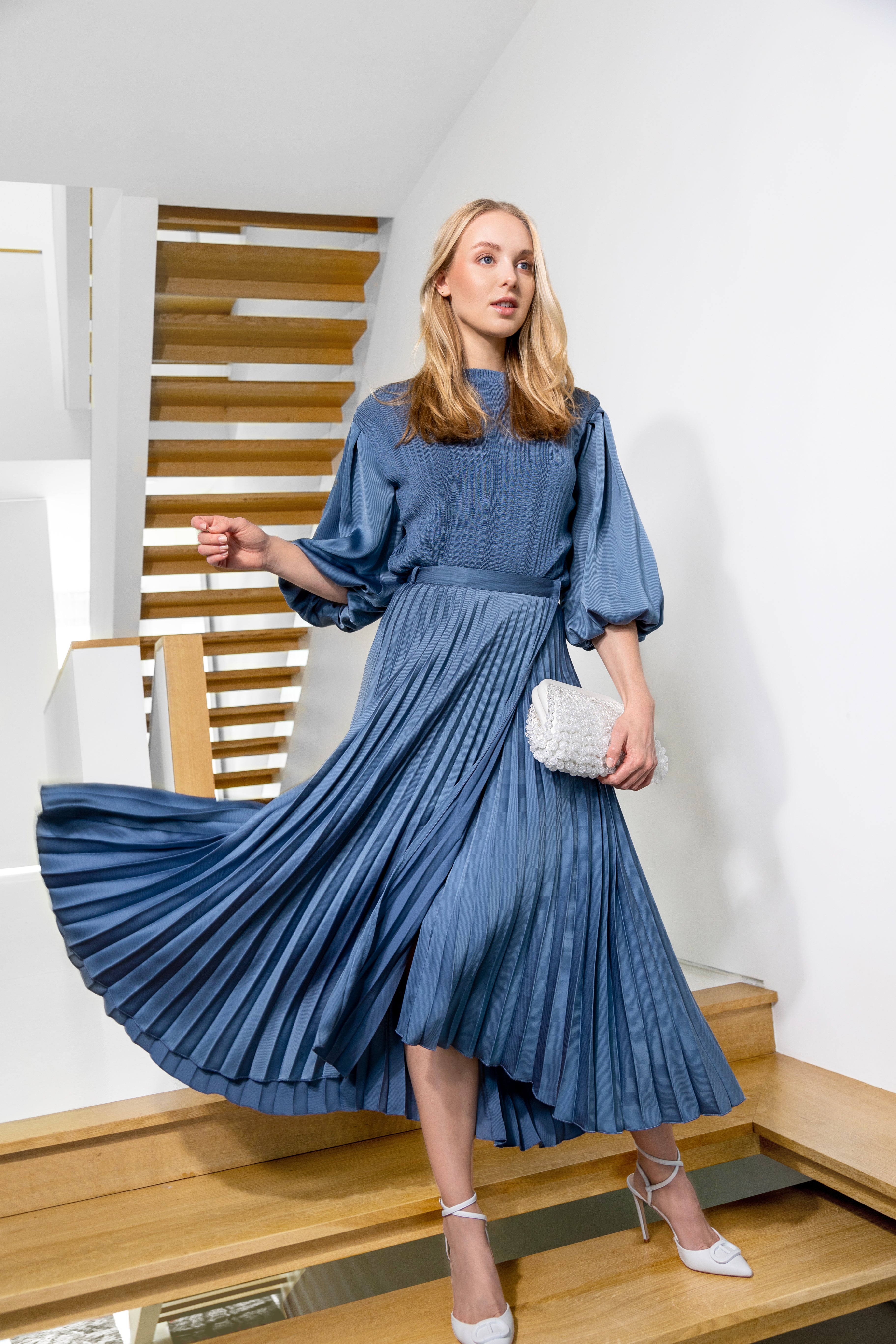 SLATE ASYMMETRICAL SILK PLEATED SKIRT