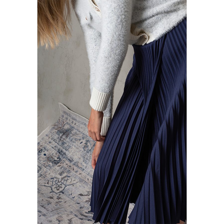 NAVY ASYMMENTRICAL SILK PLEATED SKIRT