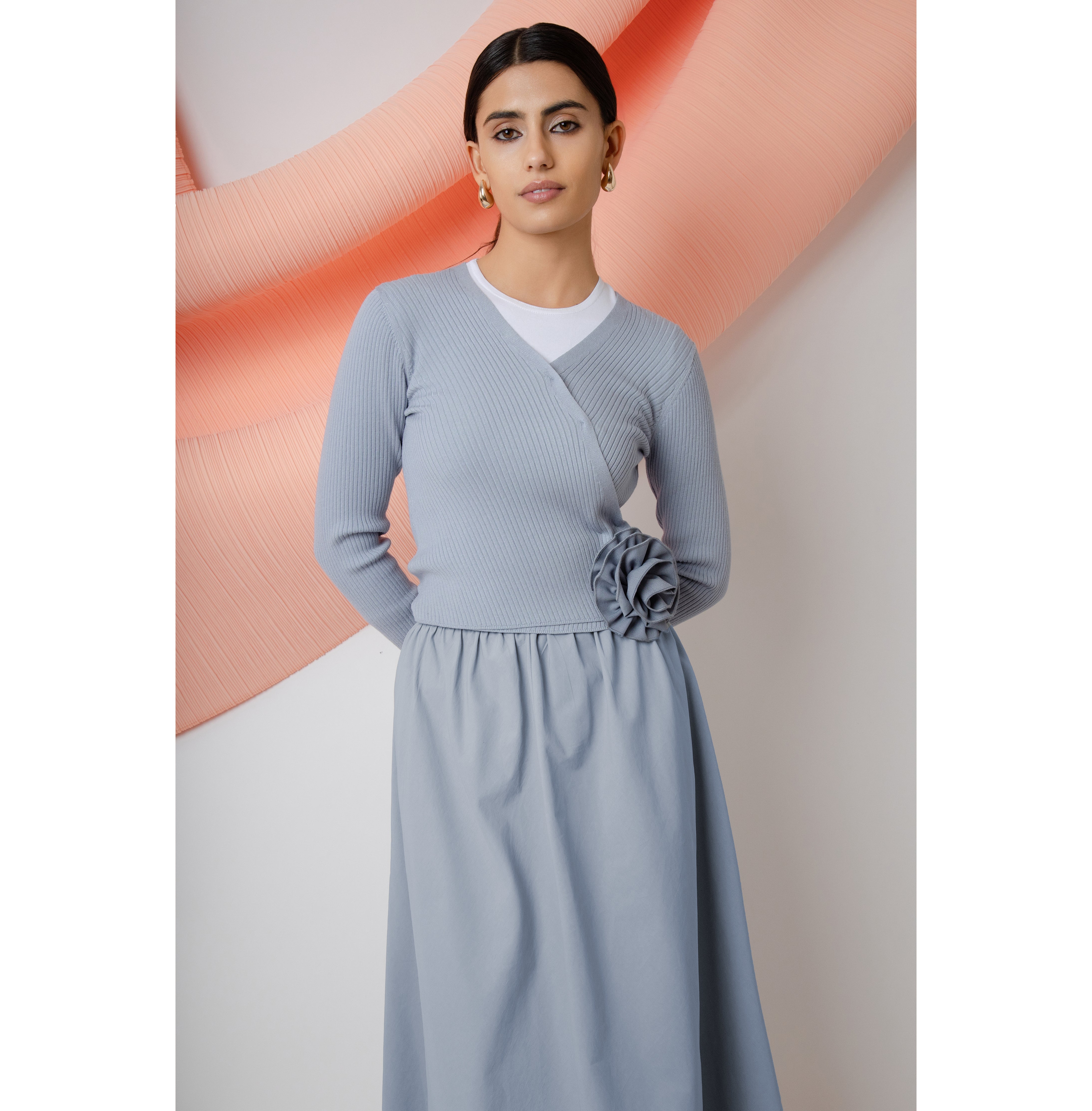 BLUE ROSETTE WRAP SWEATER