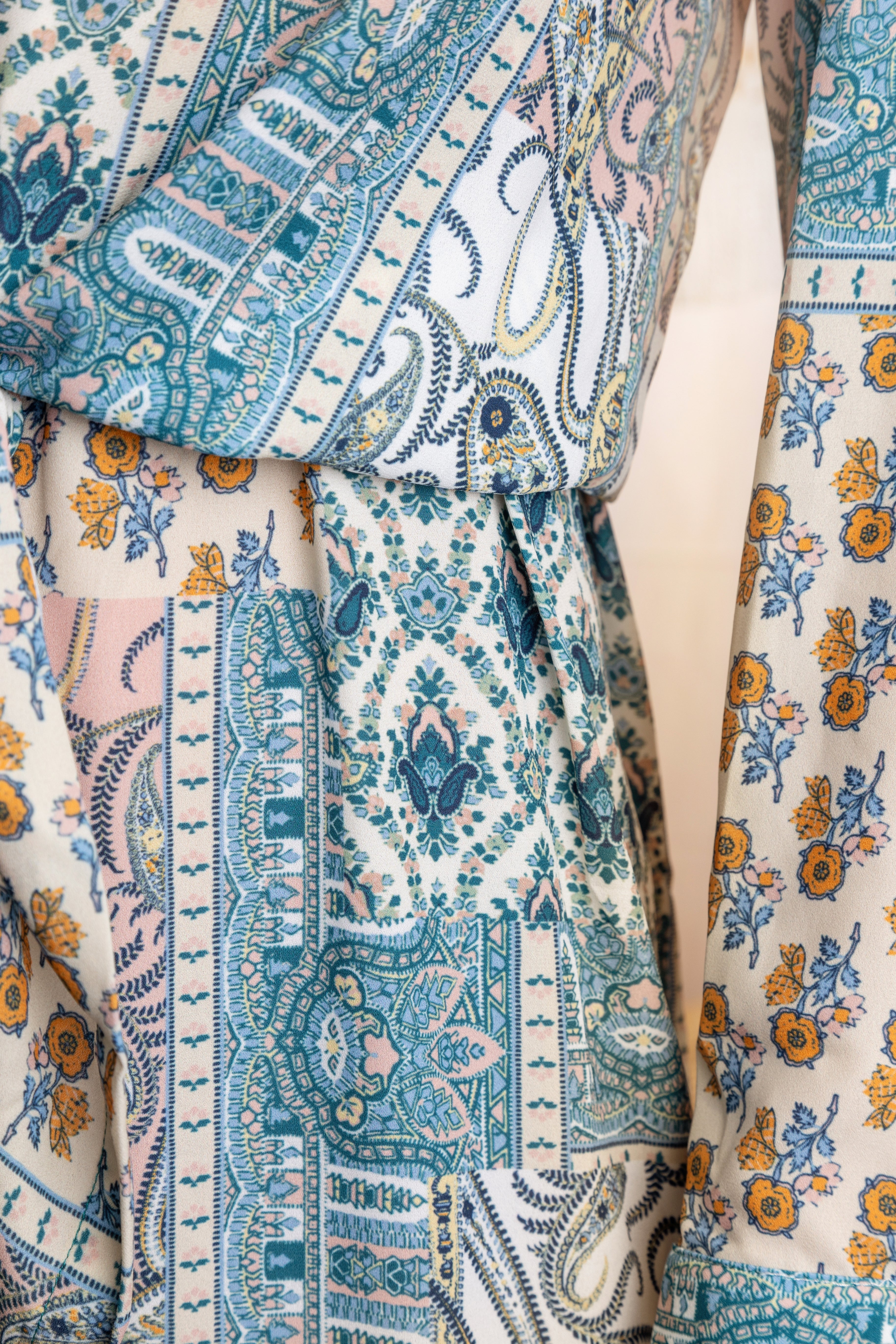 BLUE PATCHWORK PRINTED KNOT SHIRT BLOUSE