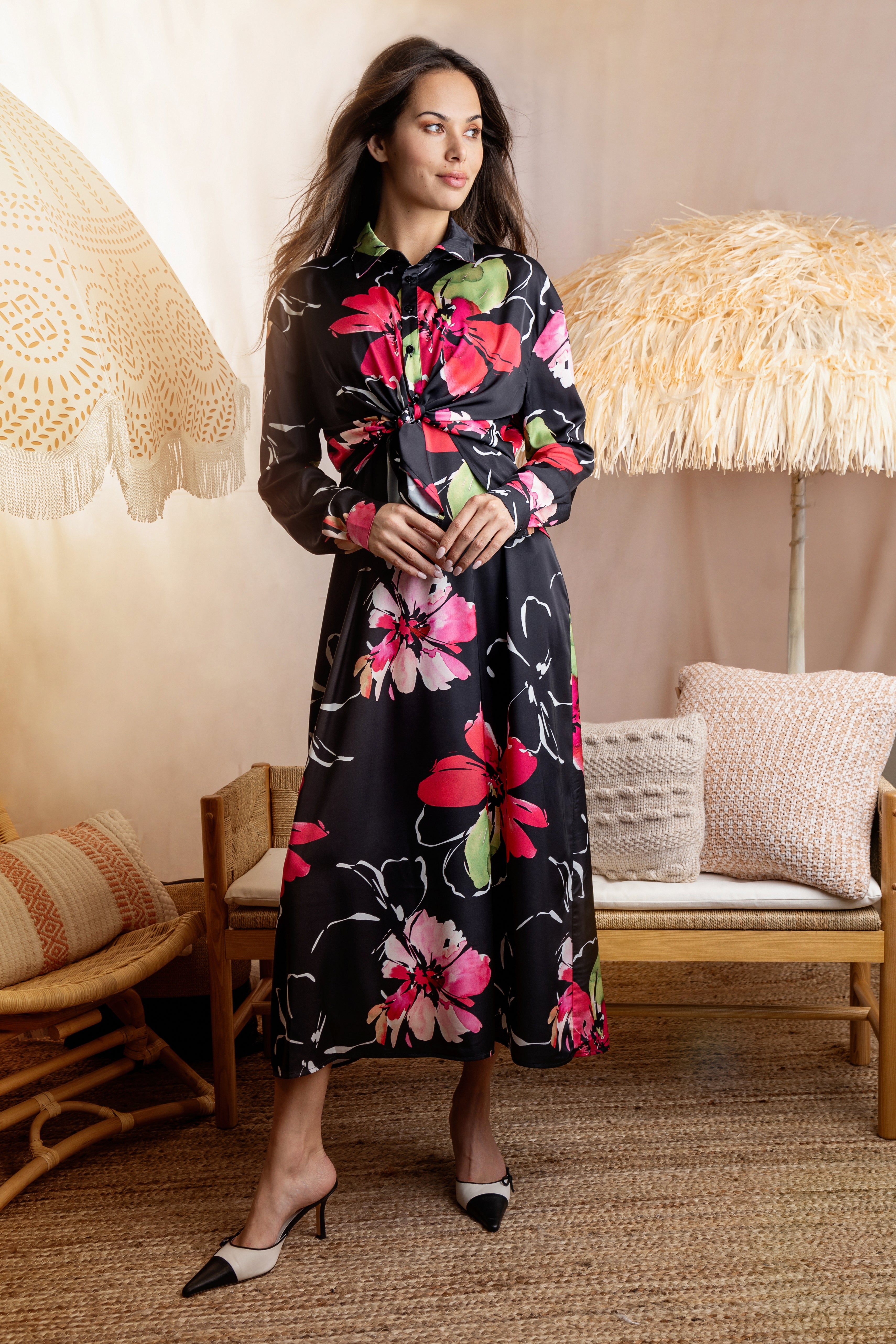 BLACK FLORAL PRINTED KNOT SHIRT BLOUSE