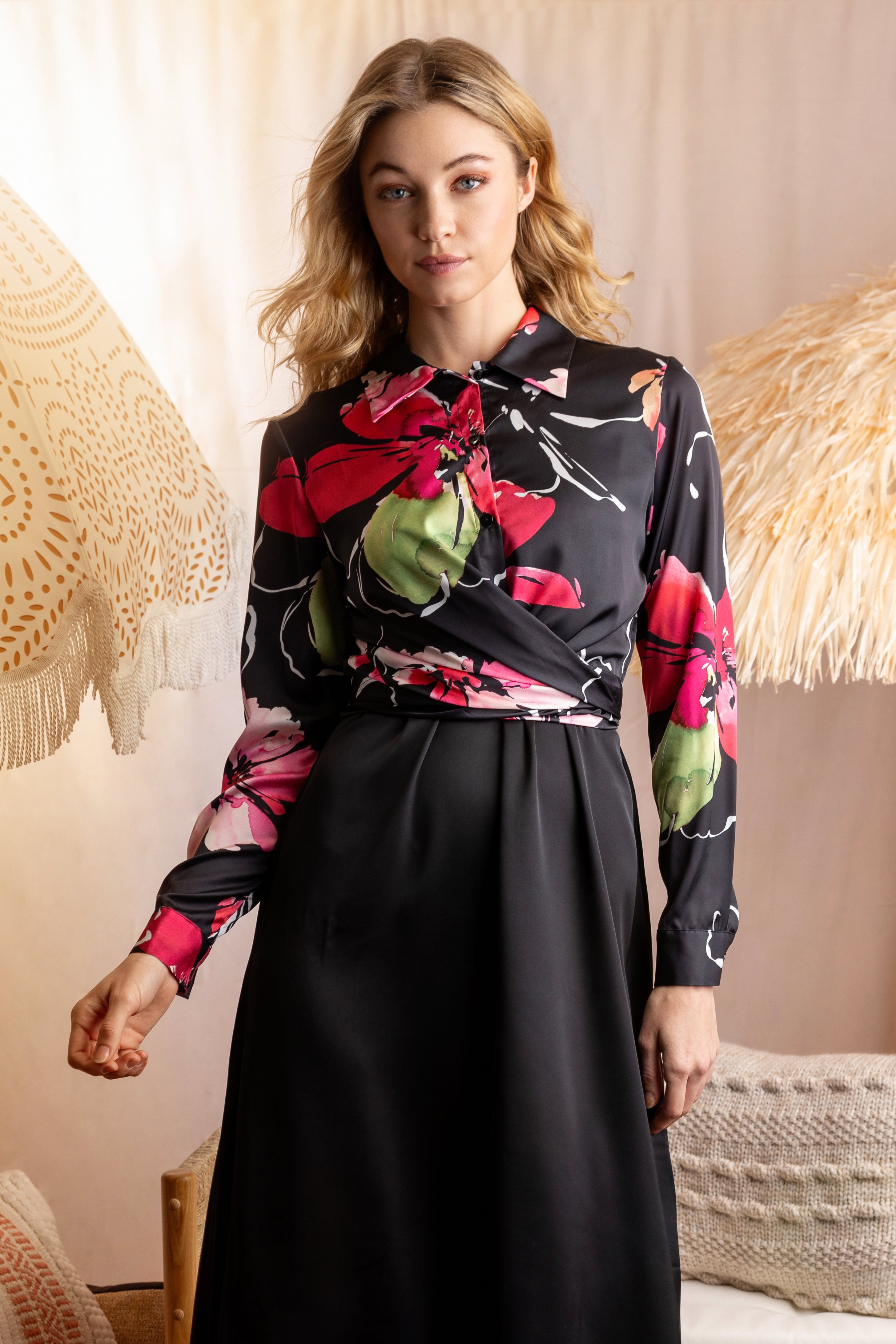 BLACK FLORAL PRINTED KNOT SHIRT BLOUSE