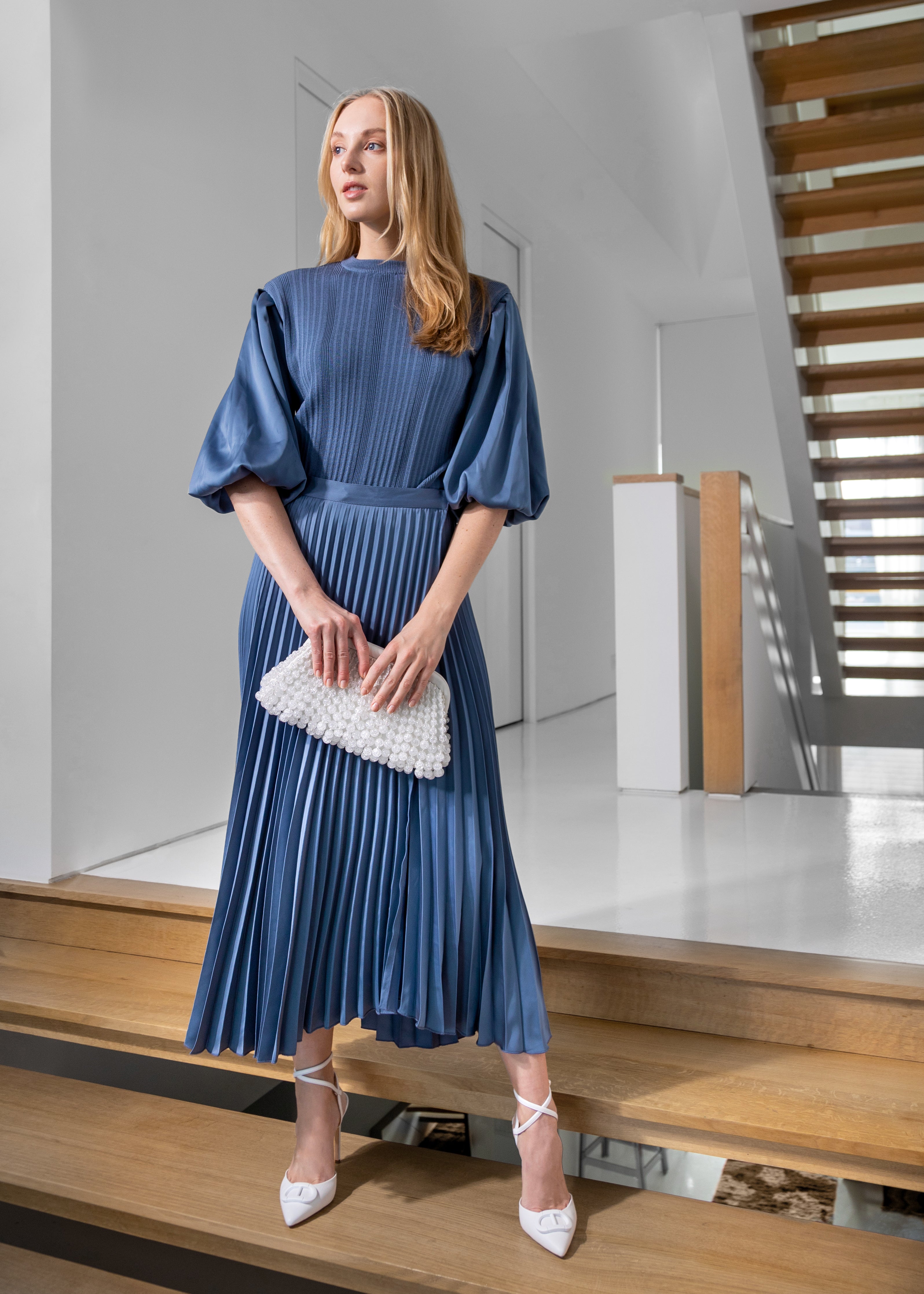 SLATE ASYMMETRICAL SILK PLEATED SKIRT