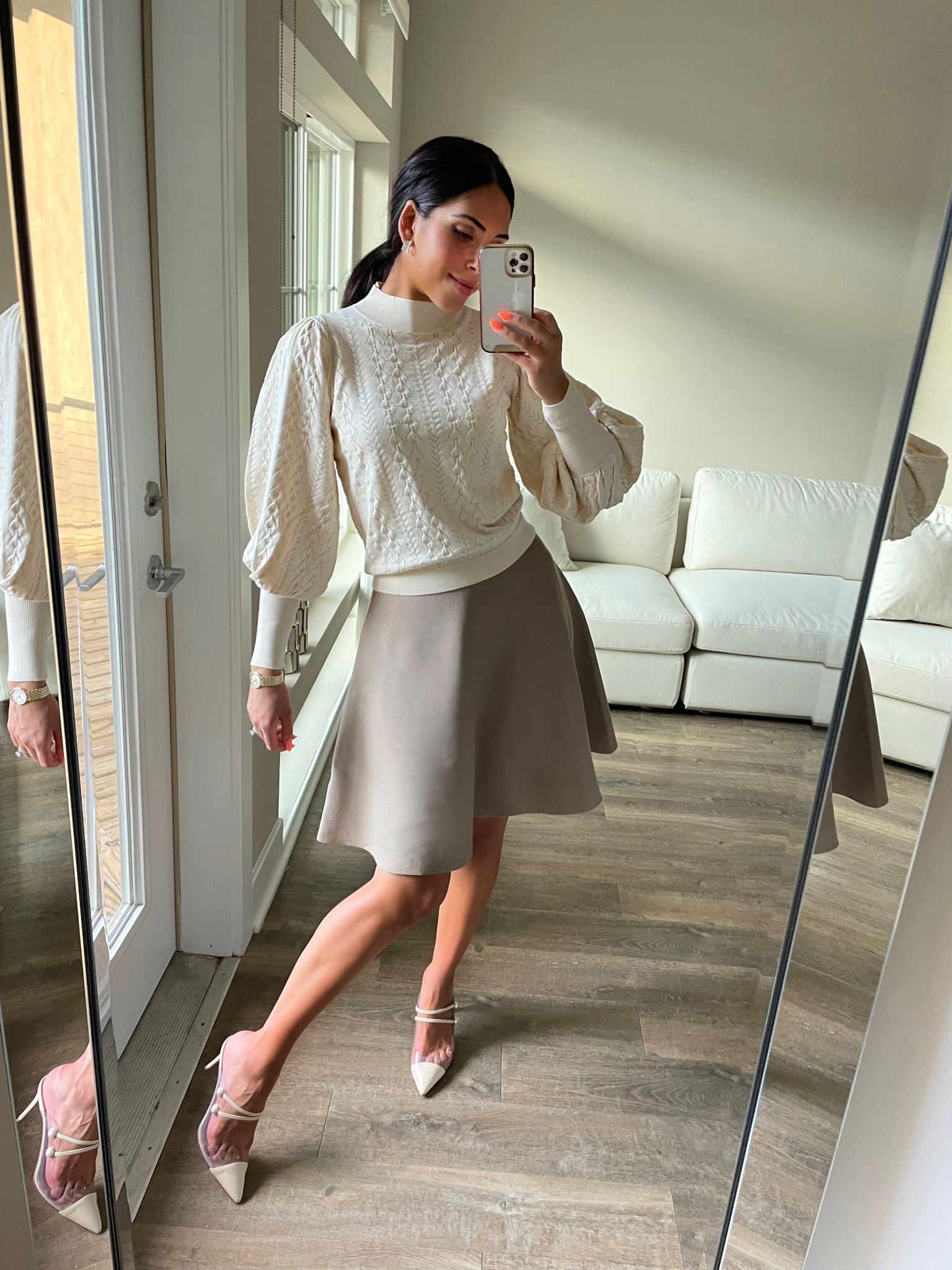 Ivory Puff Sleeve Pattern Pointelle Top